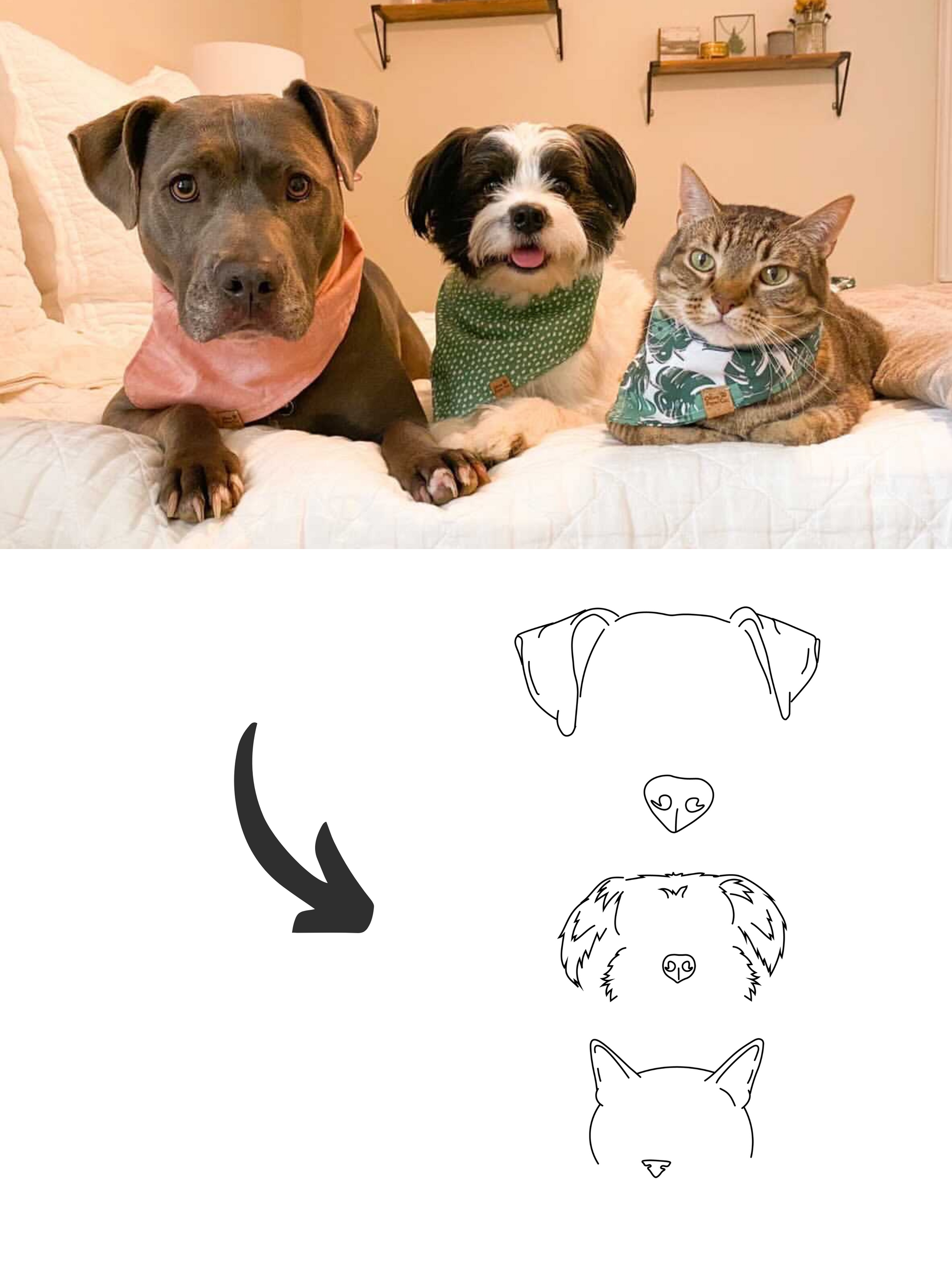 Custom pet ear and nose outlines 3 pets dog and cat - unique and personalized pet artwork available for purchase